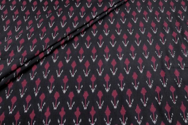 Pre-cut 2m Black Mercerised Fine Handloom Ikkat Tie-Dye Pure Soft Cotton Fabric