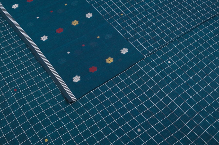 Yale Blue Handloom Intricate Border Flowy HandLoom Pure Soft Cotton Fabric Yale Blue Handloom Intricate Border Flowy HandLoom Pure Soft Cotton Fabric - Image 1