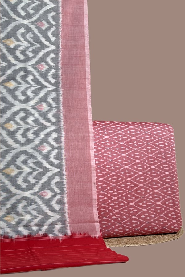 Pink - 2pc Ikkat Cotton Dupatta and Handloom Soft Ikkat Cotton Top Fabric Set