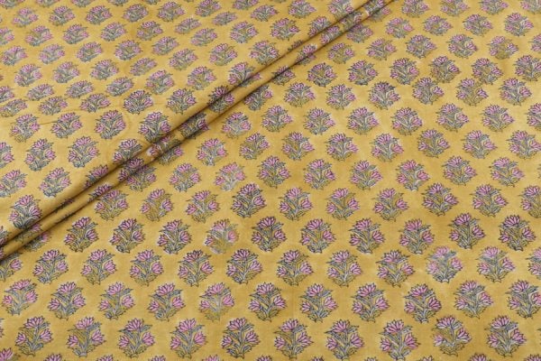 Pre-Cut 2m Warm Sand Yellow Floral Handblock Printed 100% Pure Soft Cotton Fabric
