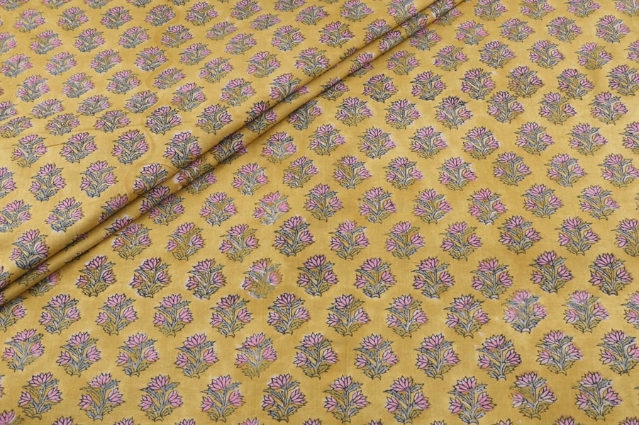 Warm Sand Beige Floral Handblock Printed 100% Pure Soft Cotton Fabric Warm Sand Yellow Floral Handblock Printed 100% Pure Soft Cotton Fabric - Image 1