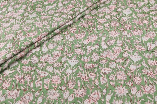 Soft Sage Green Floral Handblock Printed 100% Pure Soft Cotton Fabric