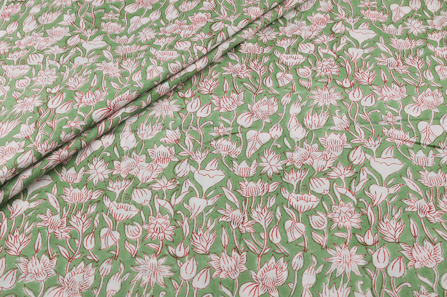 Soft Sage Grey Floral Handblock Printed 100% Pure Soft Cotton Fabric Soft Sage Green Floral Handblock Printed 100% Pure Soft Cotton Fabric - Image 1