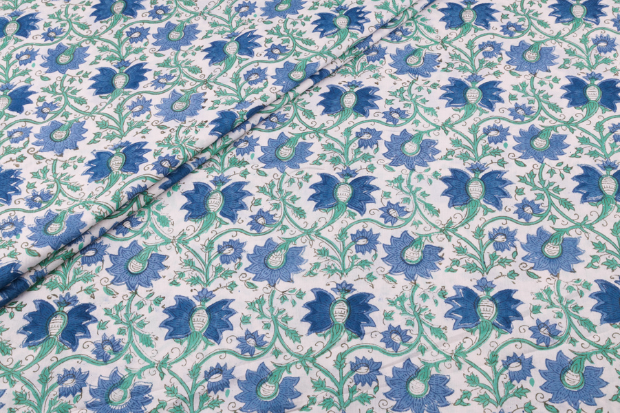 Cool Blue Grey Floral Handblock Printed 100% Pure Soft Cotton Fabric White Floral Handblock Printed 100% Pure Soft Cotton Fabric - Image 1
