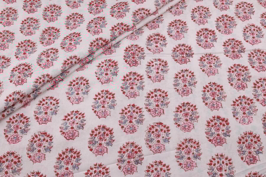 Dusty Rose Taupe Floral Handblock Printed 100% Pure Soft Cotton Fabric White Floral Handblock Printed 100% Pure Soft Cotton Fabric - Image 1