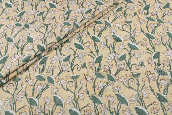 Pre-Cut 1.60m Oatmeal Beige Floral Handblock Printed 100% Pure Soft Cotton Fabric