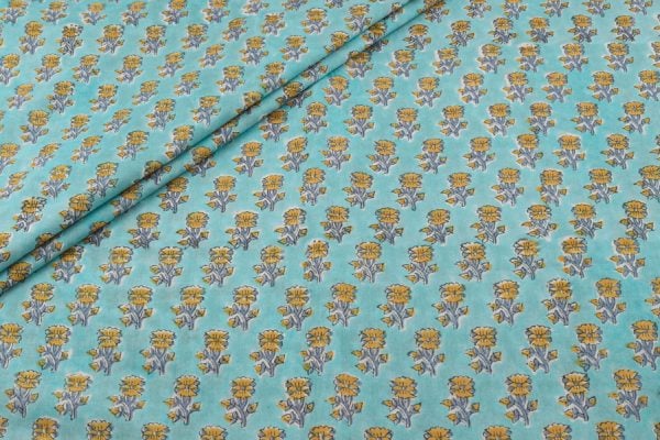 Pre-Cut 2.35m Pearl Aqua Blue Floral Handblock Printed 100% Pure Soft Cotton Fabric