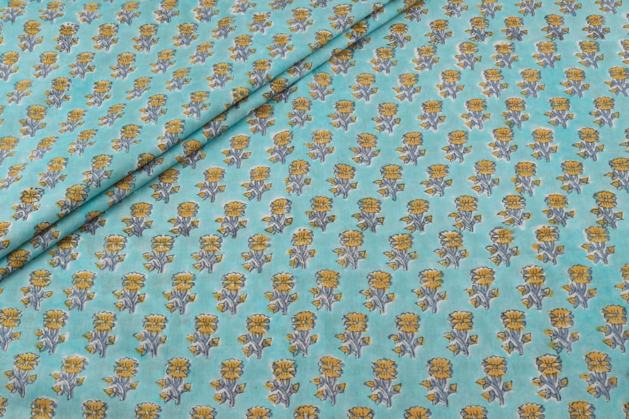 Muted Teal Green Floral Handblock Printed 100% Pure Soft Cotton Fabric Muted Teal Green Floral Handblock Printed 100% Pure Soft Cotton Fabric - Image 1