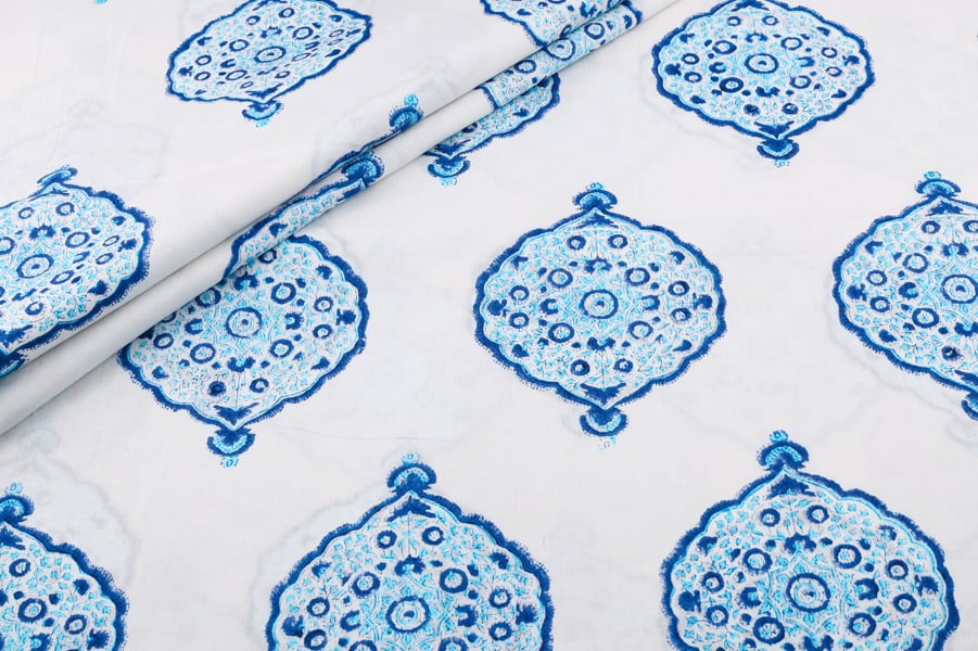 Powder Blue Grey Floral Handblock Printed 100% Pure Soft Cotton Fabric White Floral Handblock Printed 100% Pure Soft Cotton Fabric - Image 1