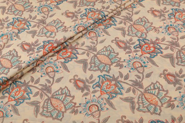 Pre-Cut 1.70m Warm Taupe Beige Floral Handblock Printed 100% Pure Soft Cotton Fabric