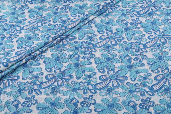 Natural White Floral Handblock Printed 100% Pure Soft Cotton Fabric