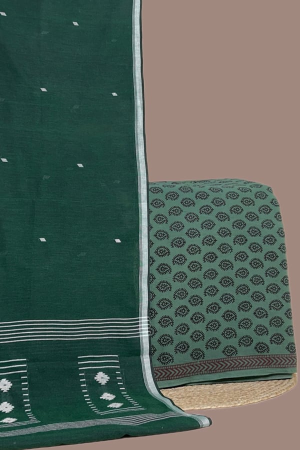 Green - 2pc Handloom Cotton Dupatta and Bagh Blockprint Pure Soft Cotton Top Set