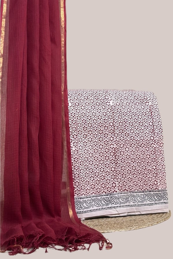 White - 2pc Kota Doria Dupatta and Bagh Blockprint Top Cotton Fabric Set White - 2pc Kota Doria Dupatta and Bagh Blockprint Top Cotton Fabric Set - Image 1