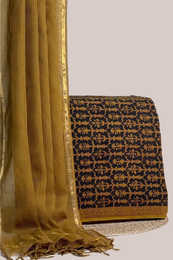 Black - 2pc Kota Doria Dupatta and Bagh Blockprint Top Cotton Fabric Set Black - 2pc Kota Doria Dupatta and Bagh Blockprint Top Cotton Fabric Set - Image 1