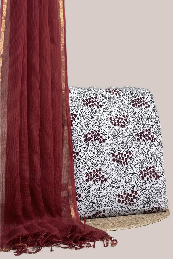 White - 2pc Kota Doria Dupatta and Bagh Blockprint Top Cotton Fabric Set White - 2pc Kota Doria Dupatta and Bagh Blockprint Top Cotton Fabric Set - Image 1