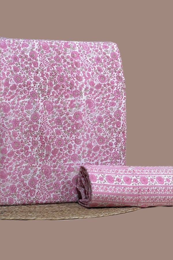 Pink - 2pc Pure Soft Cotton Blockprinted Top and Bottom Fabric Set Pink - 2pc Pure Soft Cotton Blockprinted Top and Bottom Fabric Set - Image 1