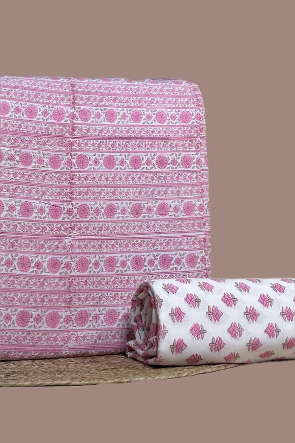 Pink - 2pc Pure Soft Cotton Blockprinted Top and Bottom Fabric Set Pink - 2pc Pure Soft Cotton Blockprinted Top and Bottom Fabric Set - Image 1