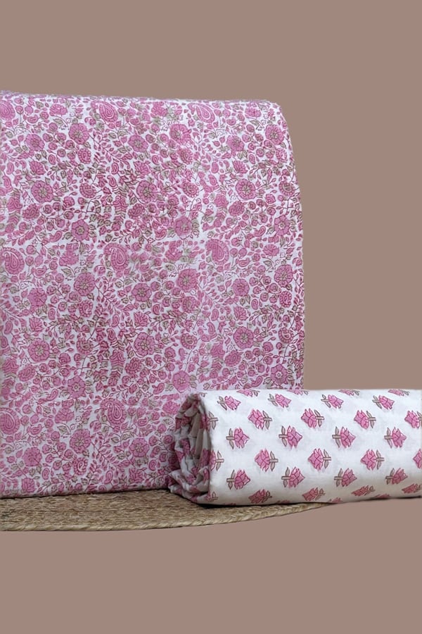 Pink - 2pc Pure Soft Cotton Blockprinted Top and Bottom Fabric Set Pink - 2pc Pure Soft Cotton Blockprinted Top and Bottom Fabric Set - Image 1