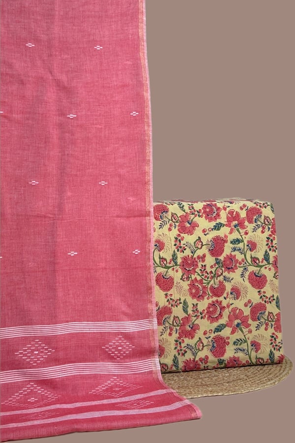 Beige - 2pc Handloom Cotton Dupatta and Blockprinted Soft Cotton Top Set Beige - 2pc Handloom Cotton Dupatta and Blockprinted Soft Cotton Top Set - Image 1