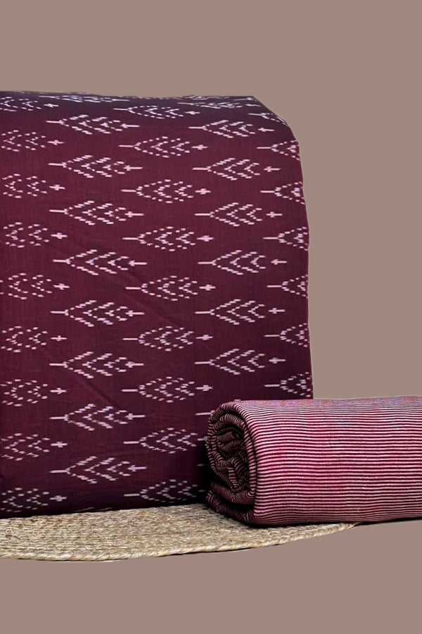 Maroon - 2pc HandCrafted Ikkat Top and Handloom Woven Stripes Bottom Fabric Set Maroon - 2pc HandCrafted Ikkat Top and Handloom Woven Stripes Bottom Fabric Set - Image 1