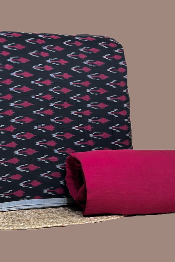 Black - 2pc HandCrafted Ikkat Top and Handloom Soft Cotton Bottom Fabric Set Black - 2pc HandCrafted Ikkat Top and Handloom Soft Cotton Bottom Fabric Set - Image 1