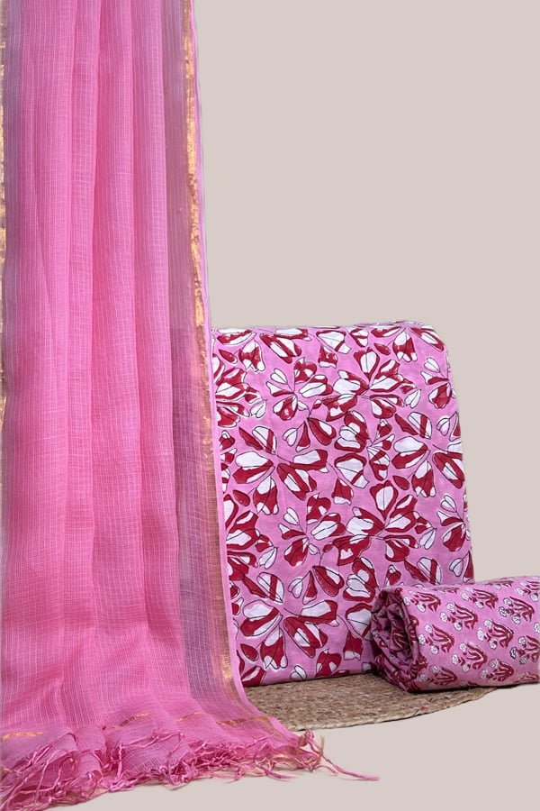 Pink - 3pc Kota Doria Dupatta with Blockprint Pure Soft Cotton Top & Bottom Set