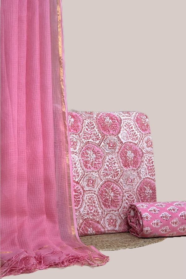 Pink - 3pc Kota Doria Dupatta with Blockprint Pure Soft Cotton Top & Bottom Set Pink - 3pc Kota Doria Dupatta with Blockprint Pure Soft Cotton Top & Bottom Set - Image 1