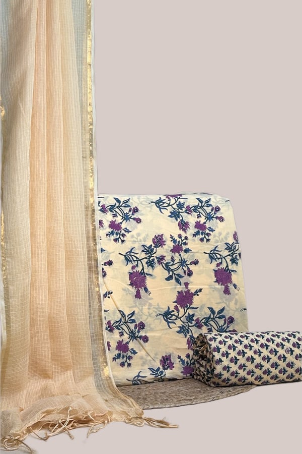 Beige - 3pc Kota Doria Dupatta with Blockprint Pure Soft Cotton Top & Bottom Set Beige - 3pc Kota Doria Dupatta with Blockprint Pure Soft Cotton Top & Bottom Set - Image 1