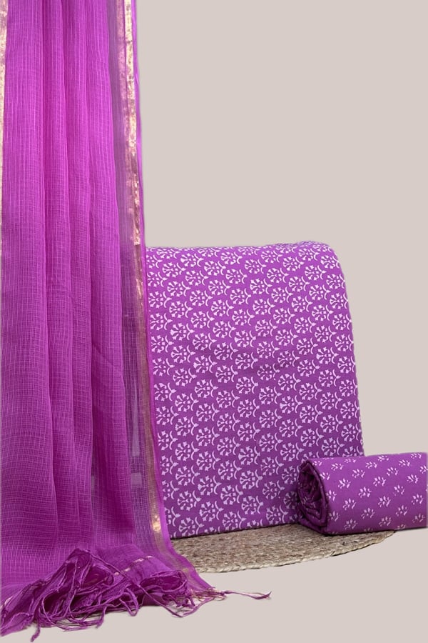 Pink - 3pc Kota Doria Dupatta with Blockprint Pure Soft Cotton Top & Bottom Set Pink - 3pc Kota Doria Dupatta with Blockprint Pure Soft Cotton Top & Bottom Set - Image 1