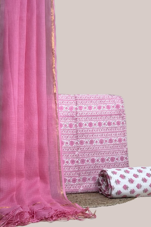 White - 3pc Kota Doria Dupatta with Blockprint Pure Soft Cotton Top & Bottom Set White - 3pc Kota Doria Dupatta with Blockprint Pure Soft Cotton Top & Bottom Set - Image 1