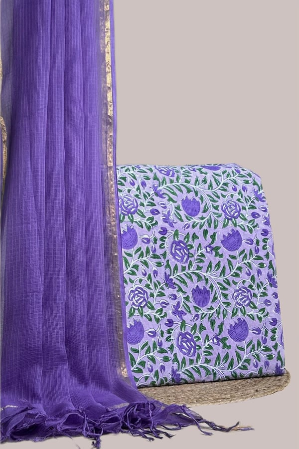 Purple - 2pc Kota Doria Dupatta and Pure Soft Cotton Blockprint Top Fabric Set Purple - 2pc Kota Doria Dupatta and Pure Soft Cotton Blockprint Top Fabric Set - Image 1