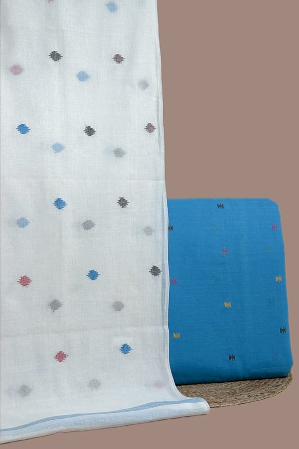 Blue - 2pc Handloom Cotton Dupatta and Handloom Woven Design Top Fabric Set Blue - 2pc Handloom Cotton Dupatta and Handloom Woven Design Top Fabric Set - Image 1