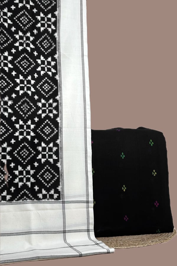 Black - 2pc Ikkat Cotton Dupatta and Handloom Woven Motif Cotton Top Fabric Set