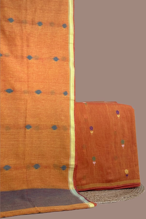 Orange - 2pc Handloom Cotton Dupatta and Handloom Woven Design Top Fabric Set
