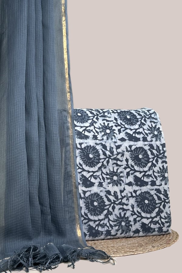 Gray - 2pc Kota Doria Dupatta and Bagru HandBlock Pure Cotton Set Gray - 2pc Kota Doria Dupatta and Bagru HandBlock Pure Cotton Set - Image 1
