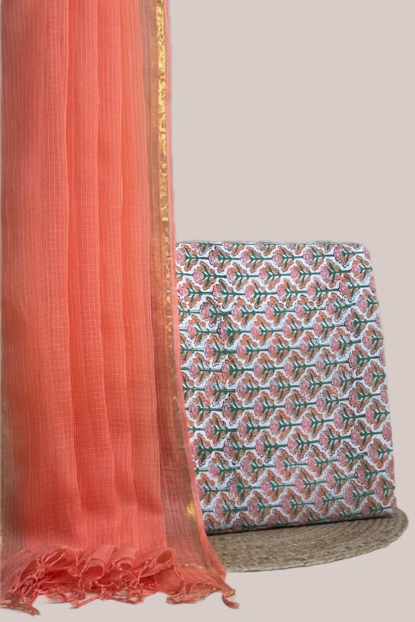 White - 2pc Kota Doria Dupatta and Pure Soft Cotton Blockprint Top Fabric Set White - 2pc Kota Doria Dupatta and Pure Soft Cotton Blockprint Top Fabric Set - Image 1