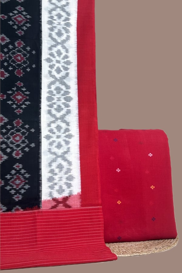 Red - 2pc Ikkat Cotton Dupatta and Handloom Woven Motif Cotton Top Fabric Set Red - 2pc Ikkat Cotton Dupatta and Handloom Woven Motif Cotton Top Fabric Set - Image 1