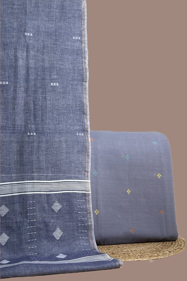 Gray - 2pc Handloom Cotton Dupatta and Handloom Woven Design Top Fabric Set Gray - 2pc Handloom Cotton Dupatta and Handloom Woven Design Top Fabric Set - Image 1