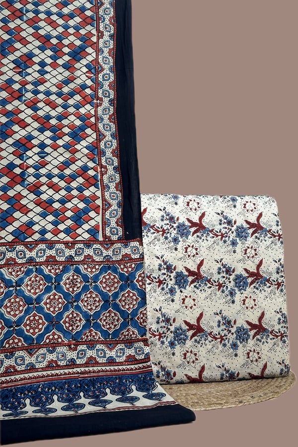 White - 2pc Ajrakh HandCrafted Cotton Dupatta and Top Cotton Fabric Set White - 2pc Ajrakh HandCrafted Cotton Dupatta and Top Cotton Fabric Set - Image 1
