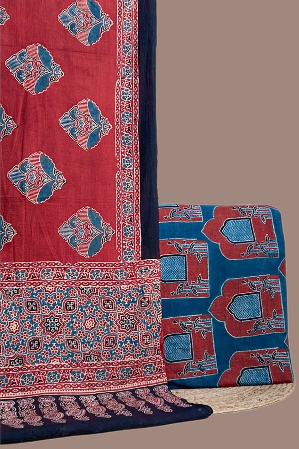 Blue - 2pc Ajrakh HandCrafted Cotton Dupatta and Top Cotton Fabric Set Blue - 2pc Ajrakh HandCrafted Cotton Dupatta and Top Cotton Fabric Set - Image 1