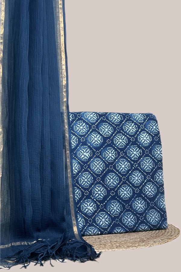 Blue - 2pc Kota Doria Dupatta and Bagru HandBlock Pure Cotton Set Blue - 2pc Kota Doria Dupatta and Bagru HandBlock Pure Cotton Set - Image 1