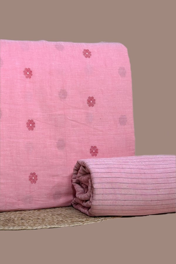 Pink - 2pc Handloom Woven Design Cotton Top and Handloom Stripe Soft Cotton Bottom Fabric Set Pink - 2pc Handloom Woven Design Cotton Top and Handloom Stripe Soft Cotton Bottom Fabric Set - Image 1