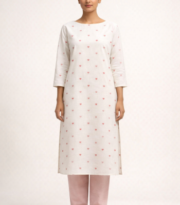 Ivory cotton straight kurta with pink heart print, boat neck, 3/4 sleeves and blush straight pants