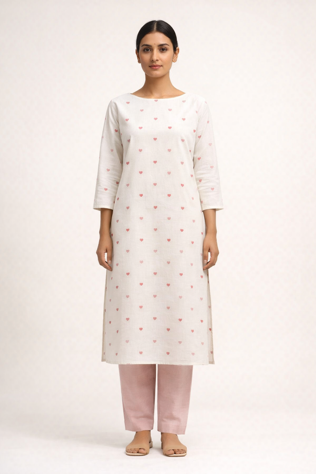 Jamdani_hearts_Straight_kurta_1 Ivory cotton straight kurta with pink heart print, boat neck, 3/4 sleeves and blush straight pants