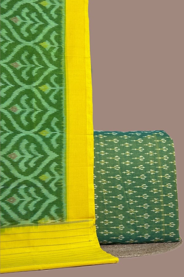 Green - 2pc Ikkat Cotton Dupatta and Handloom Soft Ikkat Cotton Top Fabric Set