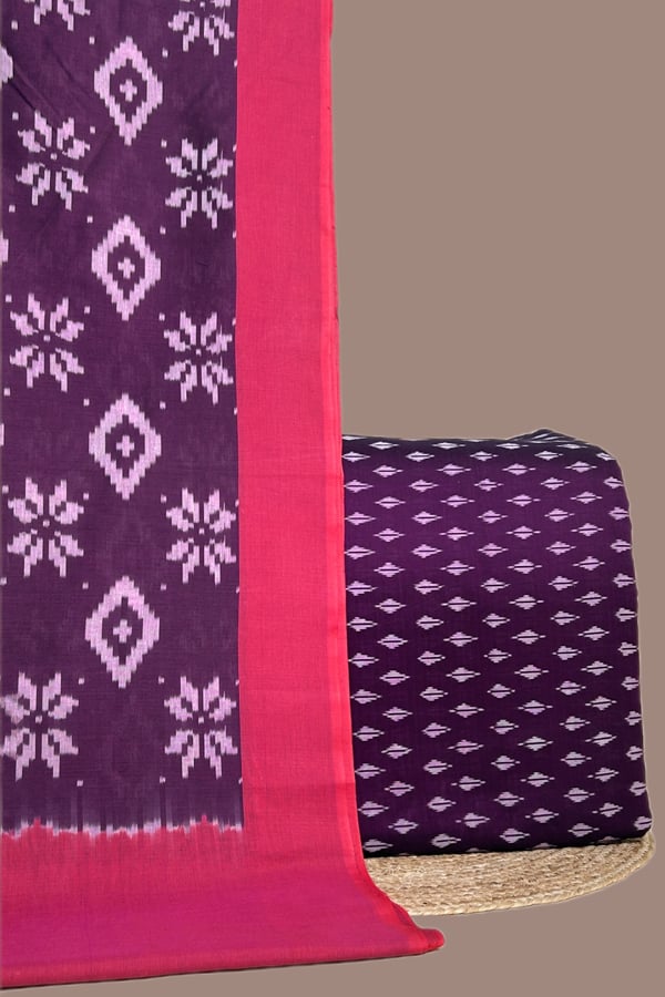Purple - 2pc Ikkat Cotton Dupatta and Handloom Soft Ikkat Cotton Top Fabric Set Purple - 2pc Ikkat Cotton Dupatta and Handloom Soft Ikkat Cotton Top Fabric Set - Image 1