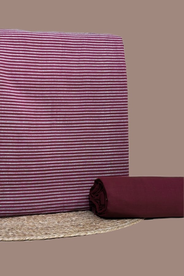 Maroon - 2pc Mangalgiri Handwoven Stripes Cotton Top and Mangalgiri Bottom Fabric Set