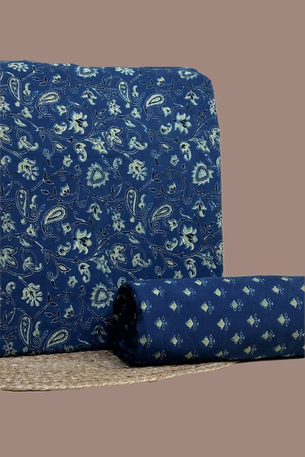 Blue - 2pc Ajrakh HandCrafted Cotton Top and Bottom Cotton Fabric Set Blue - 2pc Ajrakh HandCrafted Cotton Top and Bottom Cotton Fabric Set - Image 1