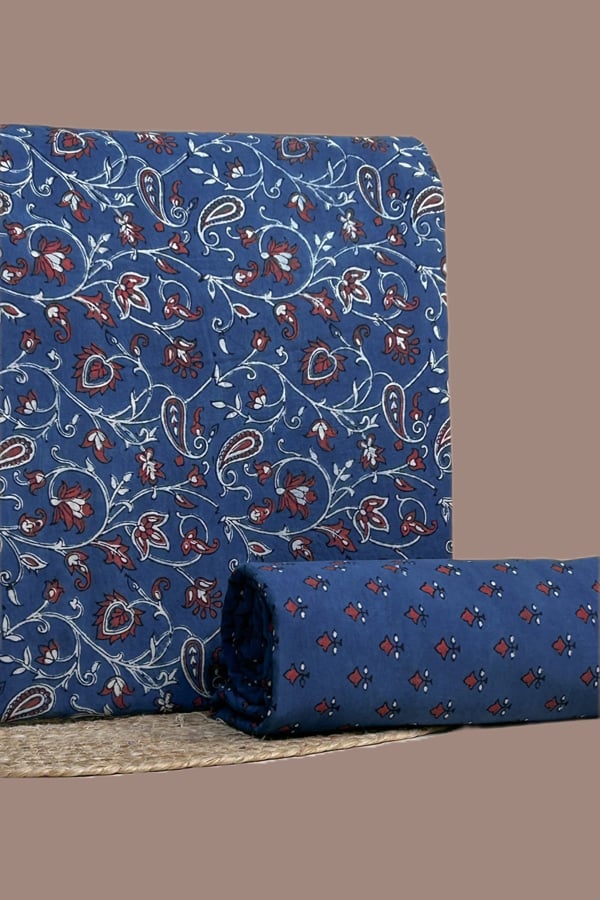 Blue - 2pc Ajrakh HandCrafted Cotton Top and Bottom Cotton Fabric Set Blue - 2pc Ajrakh HandCrafted Cotton Top and Bottom Cotton Fabric Set - Image 1