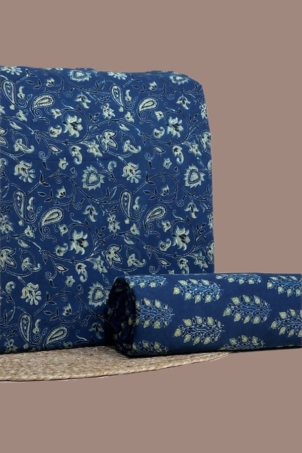 Blue - 2pc Ajrakh HandCrafted Cotton Top and Bottom Cotton Fabric Set Blue - 2pc Ajrakh HandCrafted Cotton Top and Bottom Cotton Fabric Set - Image 1